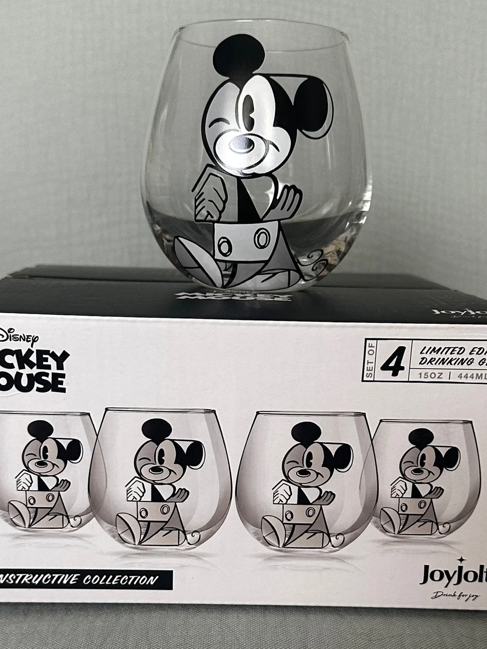Disney Stemless Glass with Black Mickey Mouse Graphic (4) New